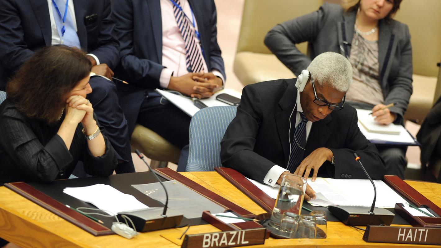 Jean Wesley Cazeau (front row, right), Permanent Representative of Haiti to the UN, addresses the Security Council debate on the UN Stabilization Mission in Haiti (MINUSTAH).