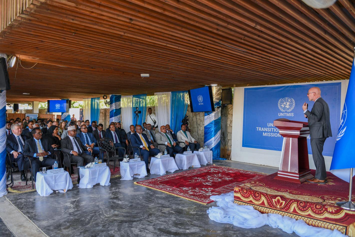 A photo of UN Special Represenative James Swan delivering his remarks at the official launch of UNTMIS