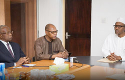 Nigerian President Elected Muhammadu Buhari with UN Secretary General for Central republic, Mr Abdoulaye Bathily alongside Dr Ibn Chambas on 17 April 2015 in Abuja. &#x0D;
Ph. DR